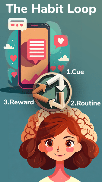 the habit loop has 3 steps: cue, routine, reward